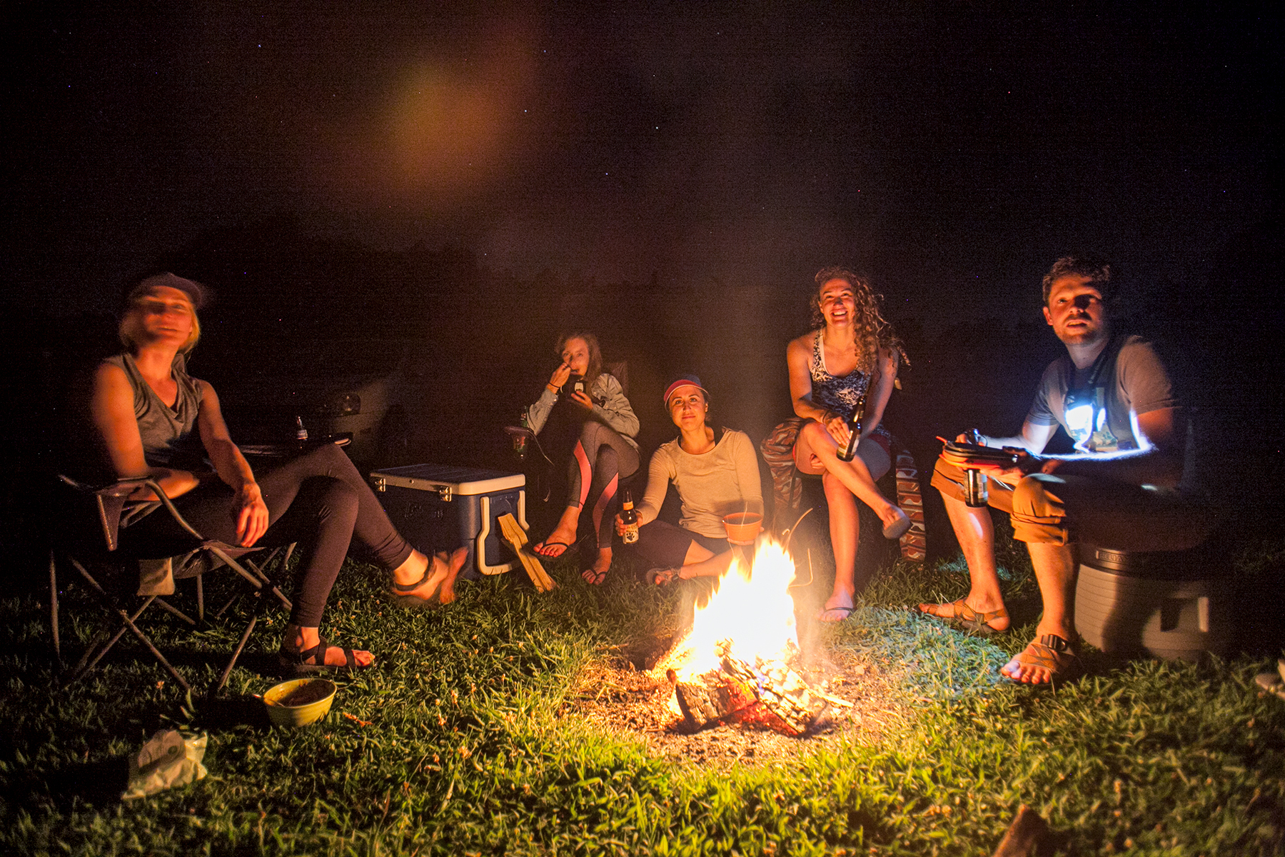 The "Bag of Climbers" around a campfire at Kincaid Lake