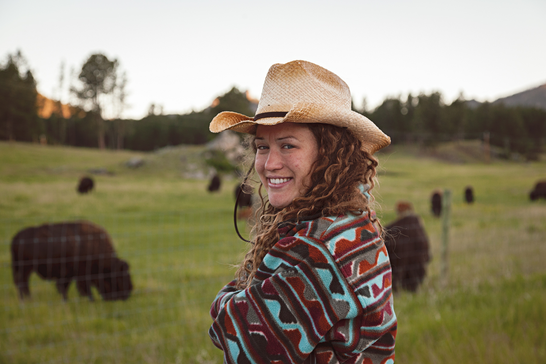 Lydia saying good morning to some bison in Wyoming on our way to Denver